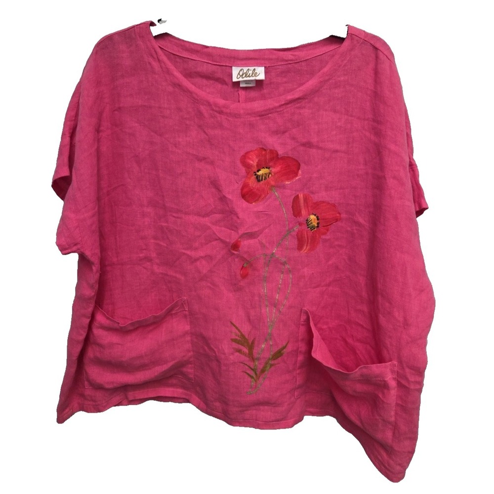 Odile Linen Shirt Top Hot Pink Hand Painted Flowers Vintage Pockets Sz Small